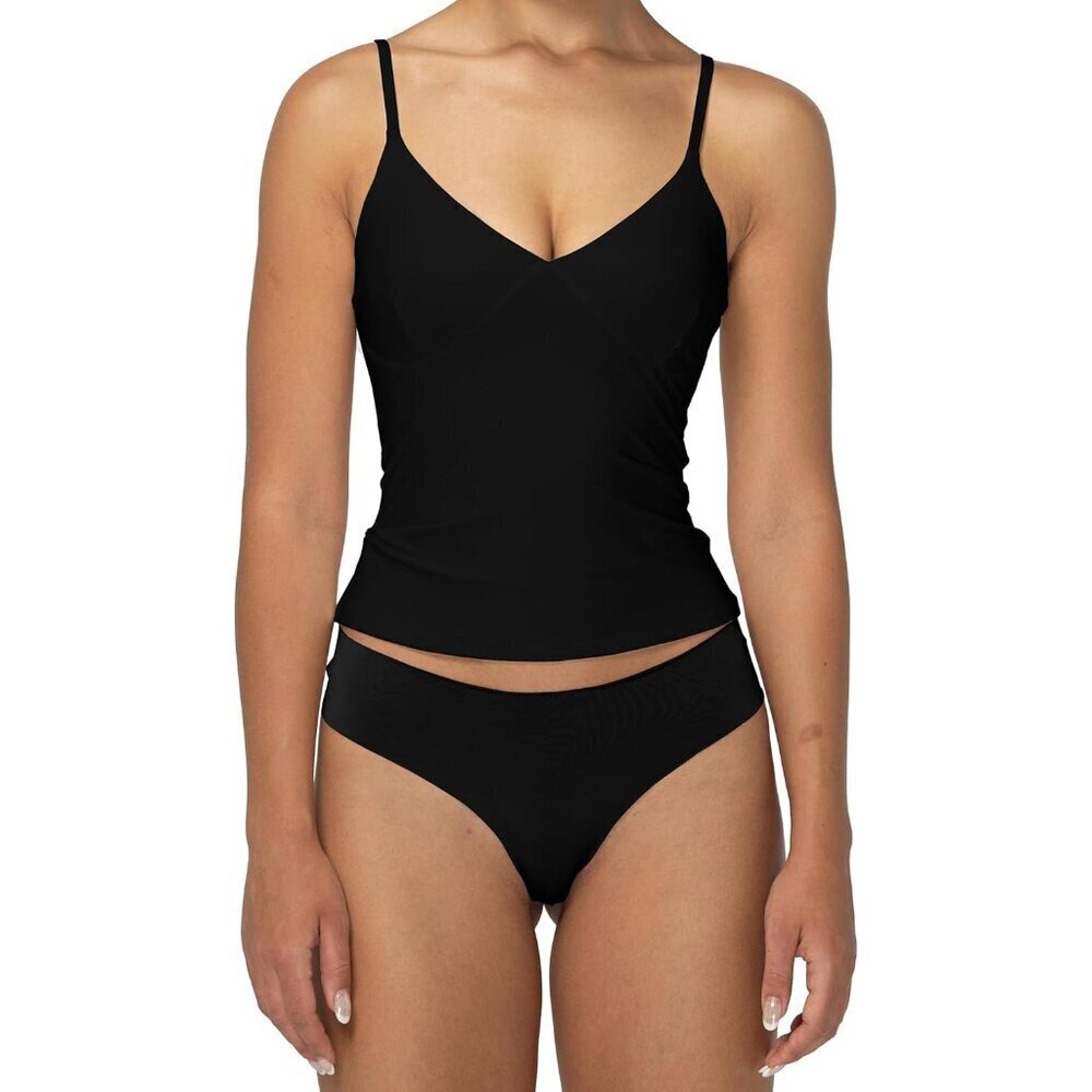Womens Black V Neck Camisole Tank Top Spaghetti Straps Double-Lined Stretch